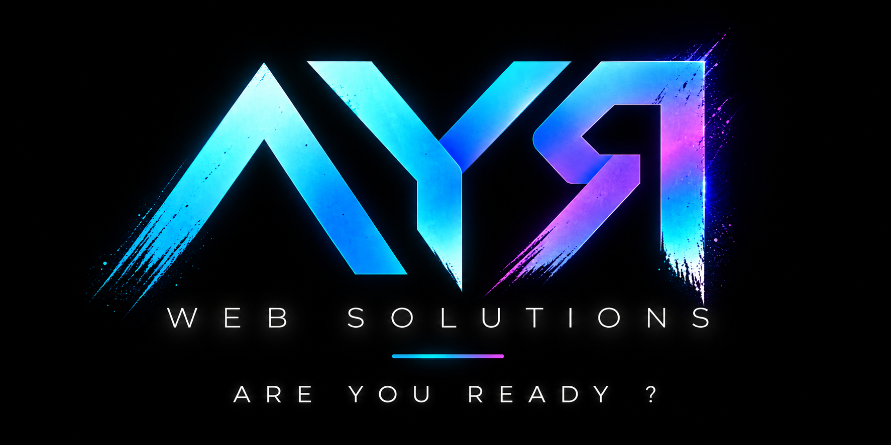 AYЯ Web Solutions — Are You Ready ? Logo géométrique cyan, bleu et violet avec R miroir